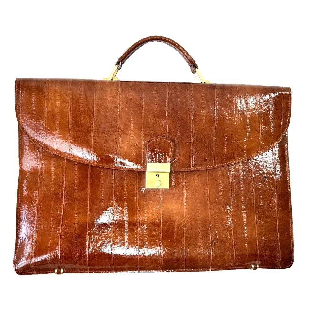 Vintage 80s Genuine Eel Skin Briefcase Brown Attache Bag Amiet Lock Korea VGUC